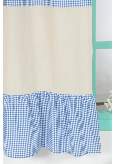 Naturel Fırfırlı Perde Kornişli Vintage Renkli MAvi