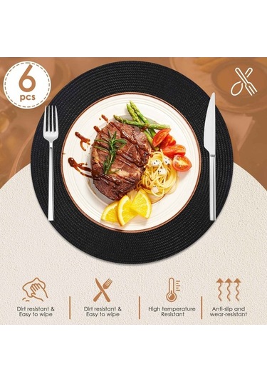 Moly Yuvarlak Örgülü Amerikan Servis Takımı 6'lı Siyah Masa Örtüsü İçin Siyah