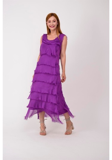 Italyan 2 Beden İnce Gösteren Kat Kat Kolsuz Ipek Elbise Mor