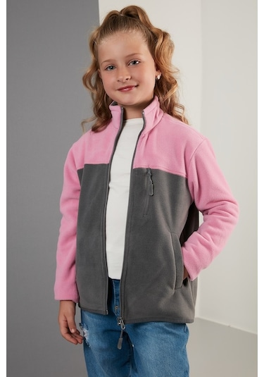 Lela Yumuşak Dokulu Fermuarlı Renk Bloklu Dik Yaka Cepli Hırka Unisex Çocuk Polar 5905001 Şeker Pembe-Gri