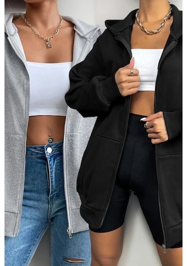 Hırsch 2'li Düz Basic Gri Ve Siyah Kışlık Oversize Kapüşonlu Fermuarlı Cepli Hırka Gri