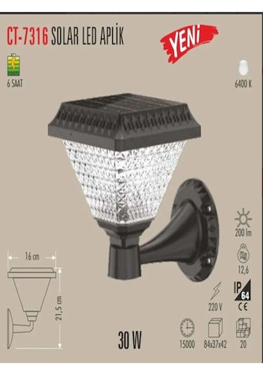 Ct 7316 Solar Duvar Armatür 30w 6400k Beyaz Işık Siyah