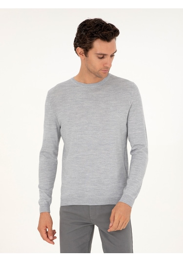 Cacharel Açık Gri Slim Fit Bisiklet Yaka Yün Karışımlı Basic Triko Kazak