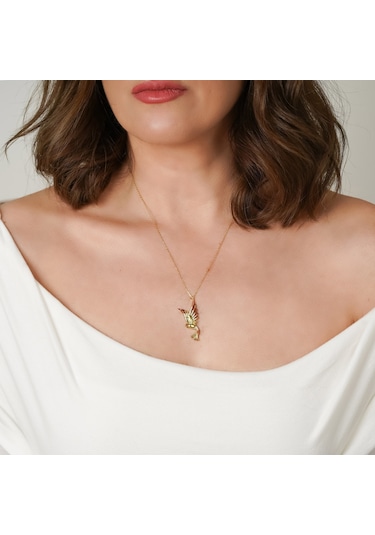 Kayra Mücevher Prenses Turuncu Taşlı Anka Kuşu Altın Kaplama Kolye