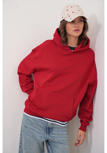 Mixray 2022 Unisex 3iplik Basic Polarlı Kapüşonlu Sweatshirt Hoodie Kırmızı Kırmızı
