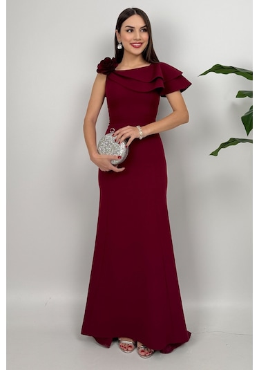 Delvira Drapeli Tek Omuz Çiçek Detaylı Uzun Bordo Abiye Elbise Bordo
