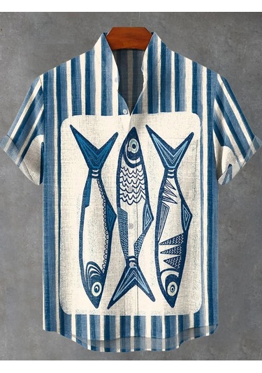 Snapbuy Retro 3d Sanat Baskılı Çizgili Balık Desen Keten Erkek Gömlekaltın Altın