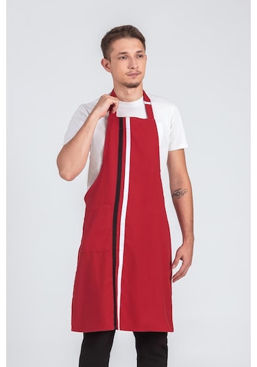 Erkek Boyundan Asmalı Çizgili Barista Şef Mutfak Önlüğü Kırmızı