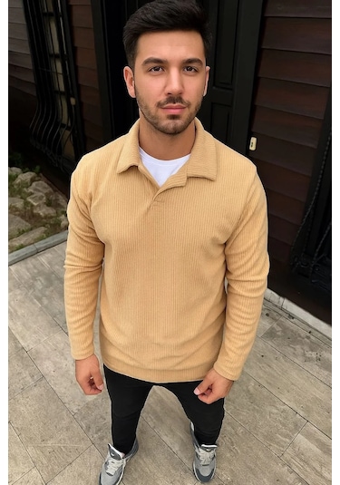 Erkek Fitilli Polar Sweatshirt Düğmesiz Polo Yaka, Oversize Rahat Kalıp, Kalın Polar Kumaş, Kışlık Bej