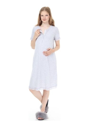 Luvmabelly Myra9590 Önden Çıt Çıtlı Dantelli Hamile Geceliği - Gri-gri