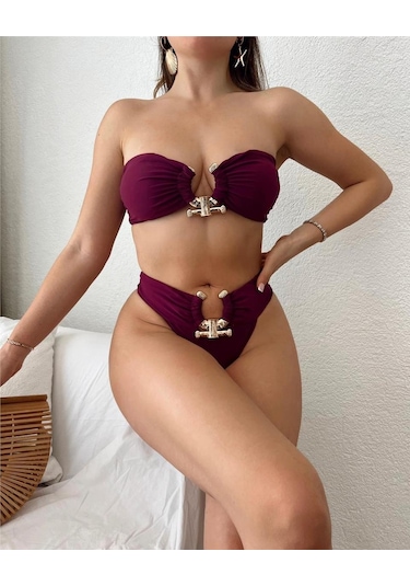 Pink Life Mürdüm Tokalı İtalyan Kumaş Bikini Takımı-mürdüm