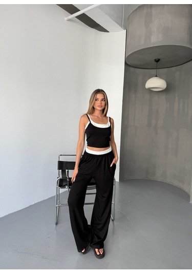 Kadın Çift Kat Detaylı Modal Dokulu Alt Üst Takım Siyah