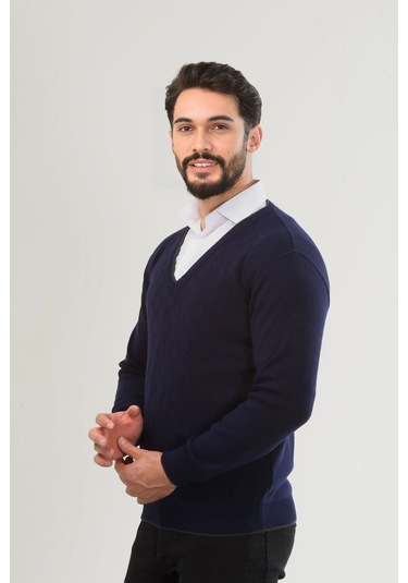 Kamalı Lacivert Erkek V Yaka Triko Uzun Kol Standart Fit Tüylenmeyen Triko Kışlık Örgü Kazak Lacivert