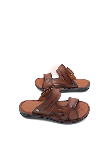 Deritarz Hakiki Deri Tam Ortopedik Masajlı Taba Erkek Terlik Taba