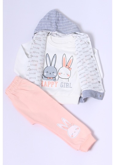 Kız Bebek Yelekli Takım Kapşonlu Çıtçıtlı Tavşan Baskılı A15 Yavruağzı
