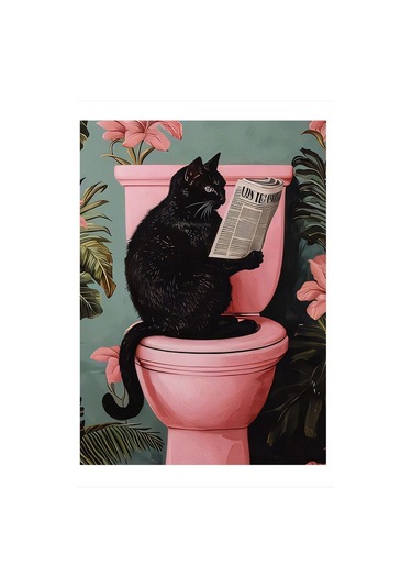Tuvaletteki Siyah Kedi Tasarım Ahşap Tablo, 35cm X 50cm