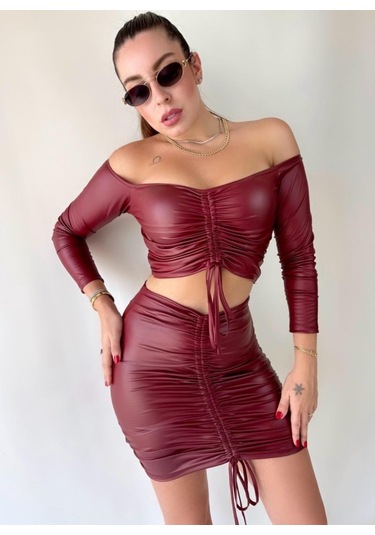 Munn Collection Kadın Büzgülü Deri Etek Takım Fırsat Ürün Bordo