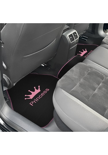 Prenses Gibi Arabana Hava Kat Taç Desenli Pembe Nakışlı 5 Li Oto Halı Paspas Seti