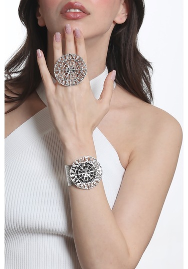 Labalaba Kadın Antik Gümüş Kaplama Ayarlanabilir Geniş Band Örümcek Ağı Figürlü Bileklik & Yüzük Set Gümüş