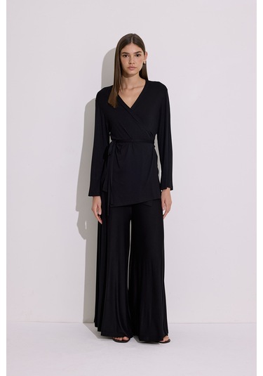 Bağlamalı Dökümlü Kimono Siyah Siyah