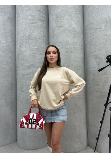 Düz Renk Kadın Sweatshirt Krem