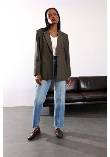 Koyu Haki Düğmeli Oversize Ceket 17255 Koyu Haki