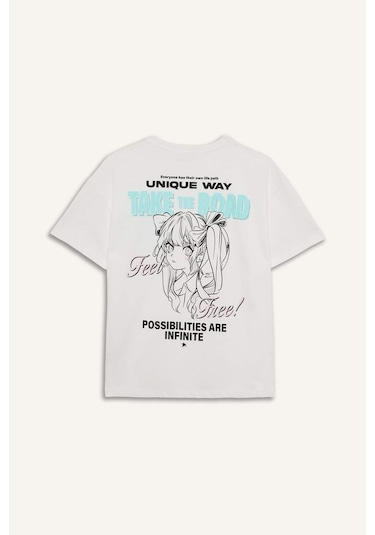 DeFacto Coool Oversize Geniş Kalıp Bisiklet Yaka Baskılı Kısa Kollu Tişört F2241AX25SMWT32