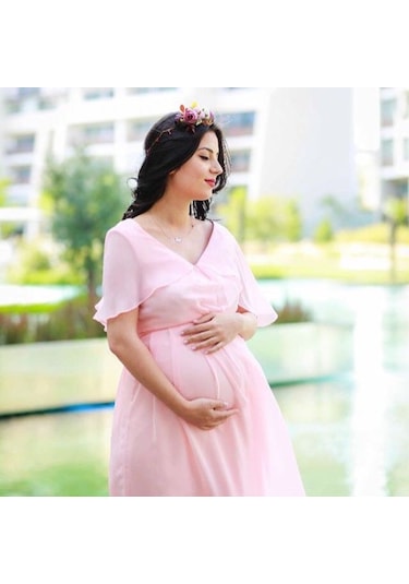 Modalabio Moda Labio- Babyshower Melek Kol Hamile Elbisesi Pudra