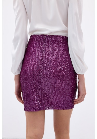 Sateen Payetli Mini Etek - Mürdüm-136651 Mürdüm