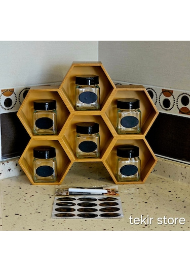 6'lı Baharatlık Takımı Ahşap Bambu Eskitme Standlı Petek Model Bambu