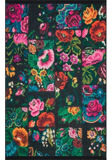 Çam Halı Gloria Td3251 Siyah Karabağ Patchwork Desen Dokuma Saçaklı Kilim