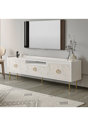 T0015 Lidya Kapaklı, Açık Raflı Tv Sehpası - Beyaz/mormo Beyaz Mermer Beyaz/mormo Beyaz Mermer