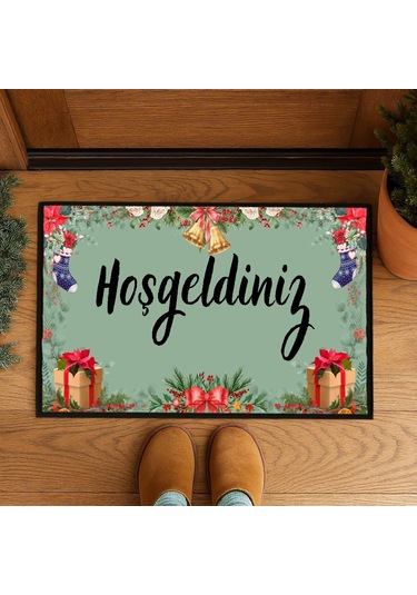 Yeni Yıl Konseptli Hoşgeldiniz Kapı Önü Paspası 60x40 Cm Paspas Çok Renkli