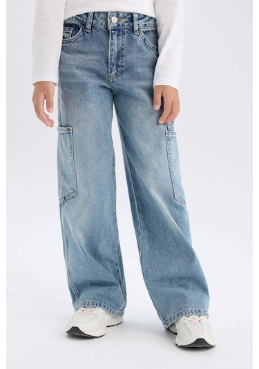 DeFacto Kız Çocuk Wide Leg Kargo Geniş Paça Jean Pantolon D7386A825SMNM39 Mavi