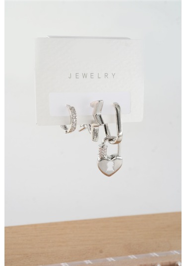 By Zeyna Aksesuar Kadın Vip Seri Antialerjik Baget Zirkon Taşlı 3'lü Küpe-5184 Gümüş