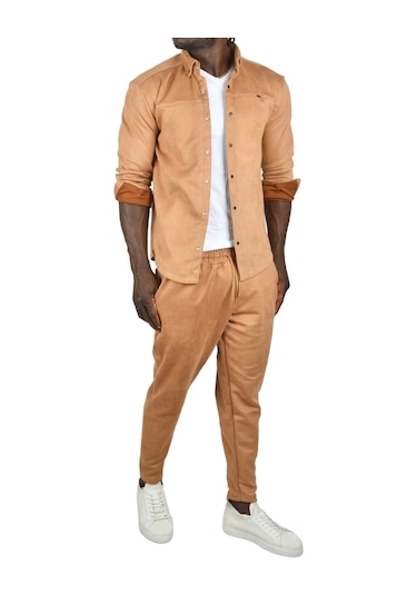 Deepsea Erkek Camel Beli Lastikli Bağcıklı Kırışmayan Süet Kumaş Rahat Kesim Dar Paça Spor Pantolon 2505556 False Camel