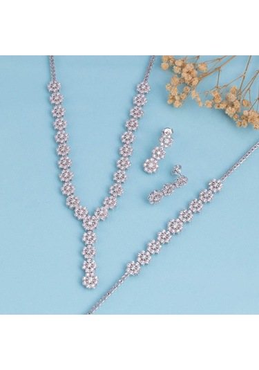 Gümüş Pazarım Papatya Montürlü Rodyum Kaplama 925 Ayar Gümüş Düğün Seti Gümüş