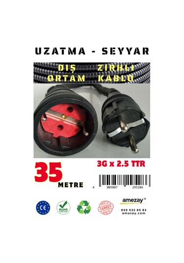 35 Metre Dış Ortam Spiral Zırhlı Uzatma Kablosu - G3x2.5 Kablo Kesiti 35 Metre
