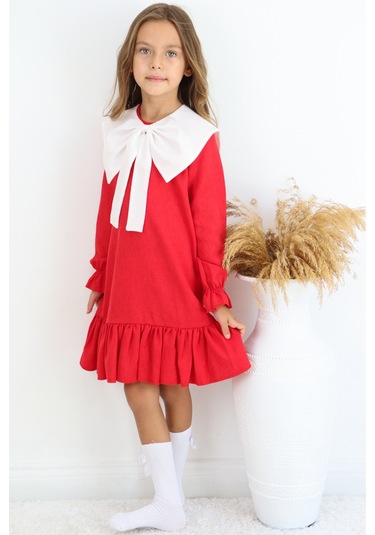 Kız Çocuk Rashel Kırmızı Yakalı Fırfırlı Uzun Kol Keten 23 Nisan 29 Ekim Gösteri Elbisesi Kırmızı