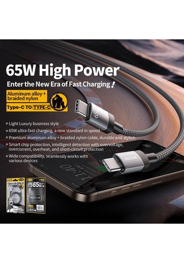 Wk Wdc-98 Kingkong Ruike Serisi 65w Usb-c / Tip-c Usb-c / Tip-c Örgülü Şarj Veri Kablosu, Uzunluk: 1m Siyah