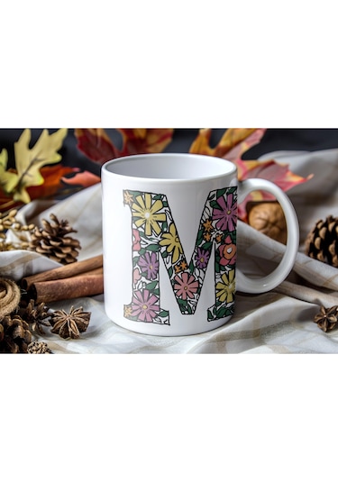 M Baş Harf Çiçek Desenleri İle Natural Tarz Kupa Bardak - Kişiye Özel Çiçekli Kahve Çay Bardak - Beyaz