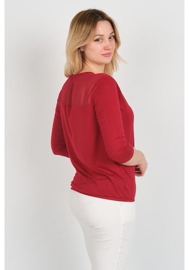 Sistas Kadın Omuz Ve Kolları Tül Detaylı Beli Lastikli Truvakar Kol Bluz 23321 Bordo Bordo