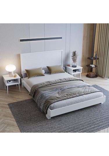 Alaz Model Beyaz Renk Çam Ahşap Karyola Ve İki Komodin Set Yatay -302 160 x 200 CM Alaz Model Beyaz Renk Çam Ahşap Karyola Ve İki Komodin Set Yatay -302 160 x 200 CM