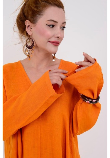 İtalyan V Yaka Uzun Kol Keten Elbise-8907 Oranj