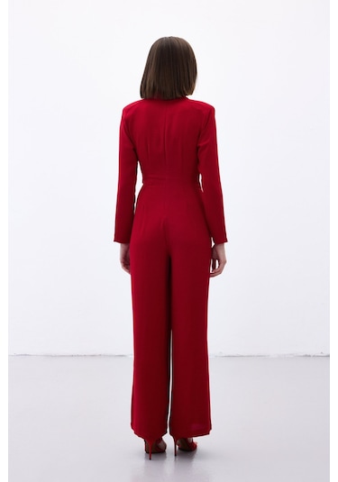Sateen Fiyonk Aksesuarlı Krep Tulum - Kırmızı-136702 Kırmızı