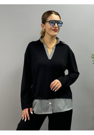 Sensuelle Polo Yaka Gömlek Detay Salaş Balon Pantolunlu Ikılı Takım Siyah