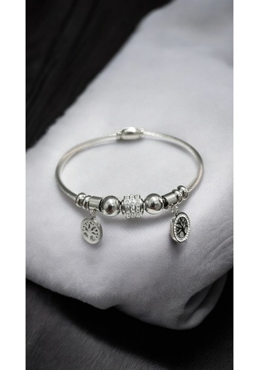 Kadın Çelik Hayat Ağacı Temalı Manyetik Bileklik Gümüş Renk Çelik