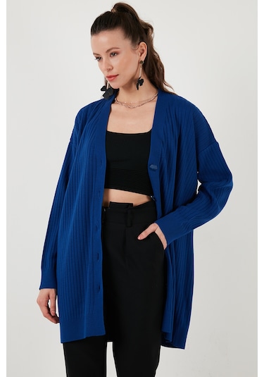 Lela V Yaka Düğmeli Uzun Triko Bayan Hırka 4616040Y Mürekkep