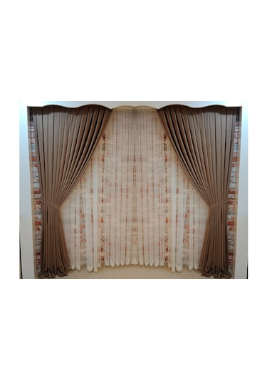 Orta Kahve Renk Fon Kadife Perde Çift Kanat 1/3 Sık Pileli Dikim V-11 Kahverengi - Vizon