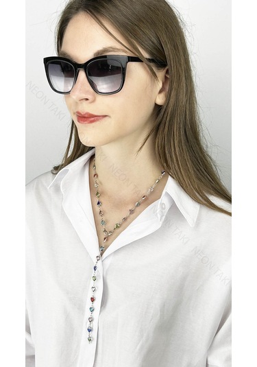 Y Kolye, Taşlı, Çok Renkli, Kalpli, Kolye 433, Kasa Gümüş Renk Gümüş